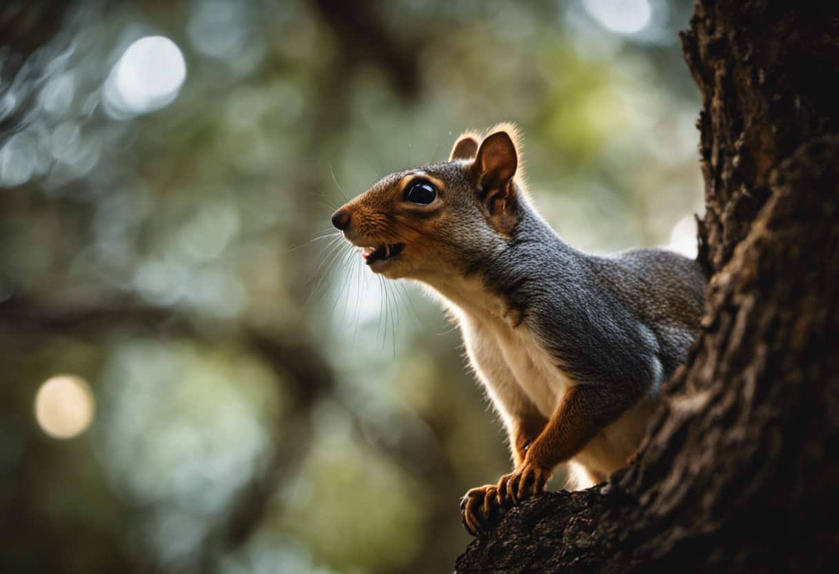 An image showcasing a squirrel perched on a tree branch, eyes wide with fear, as a fierce-looking dog stands below, barking loudly with teeth bared, capturing the intensity of their mutual fear and confrontation