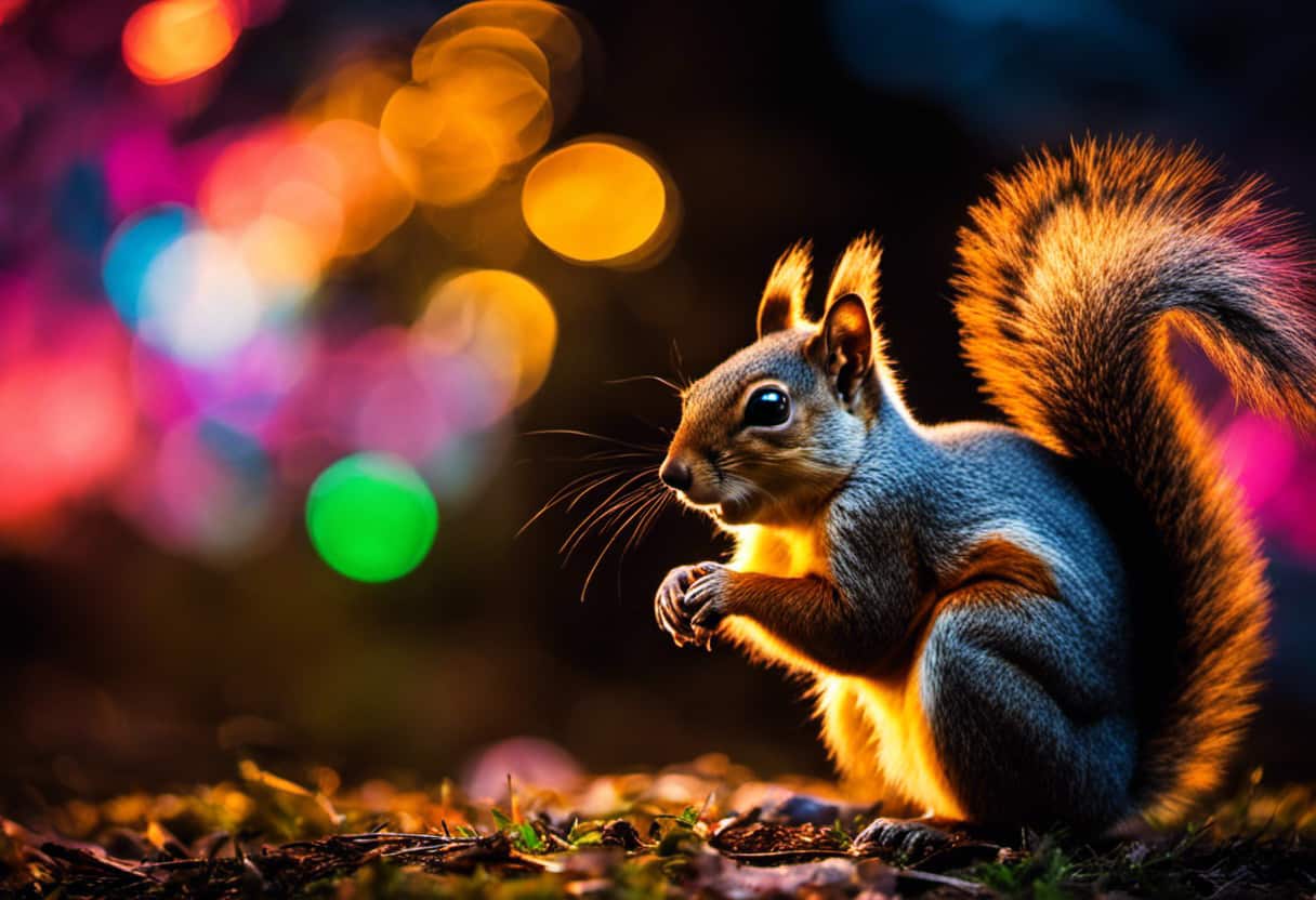 An image capturing the terror of squirrels on a dark night, their wide eyes reflecting the vibrant glow of fireworks overhead, as they scurry frantically amidst a backdrop of bursting colors and billowing smoke