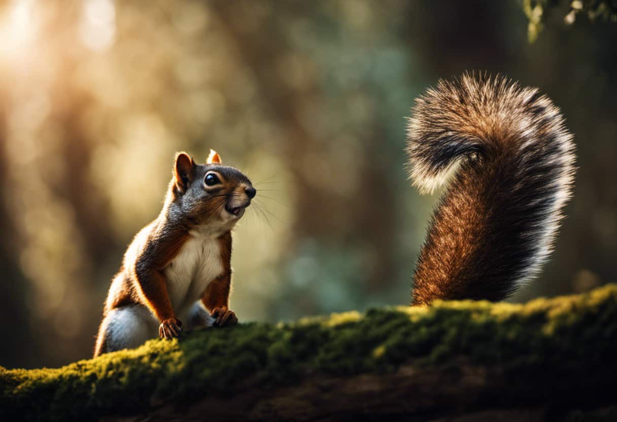 An image capturing a squirrel's wide-eyed fear as it darts through a forest, with a majestic bird of prey soaring above, its sharp talons and piercing gaze looming ominously