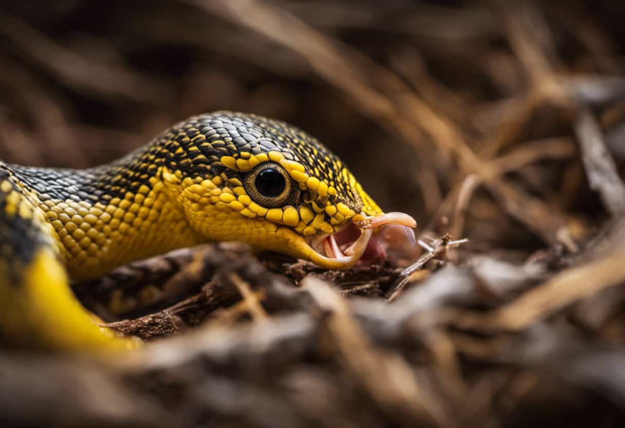 An image capturing the delicate moment when a baby chicken snake, with its vibrant yellow patterned scales, opens its tiny mouth wide to devour a plump baby bird, emphasizing their carnivorous nature