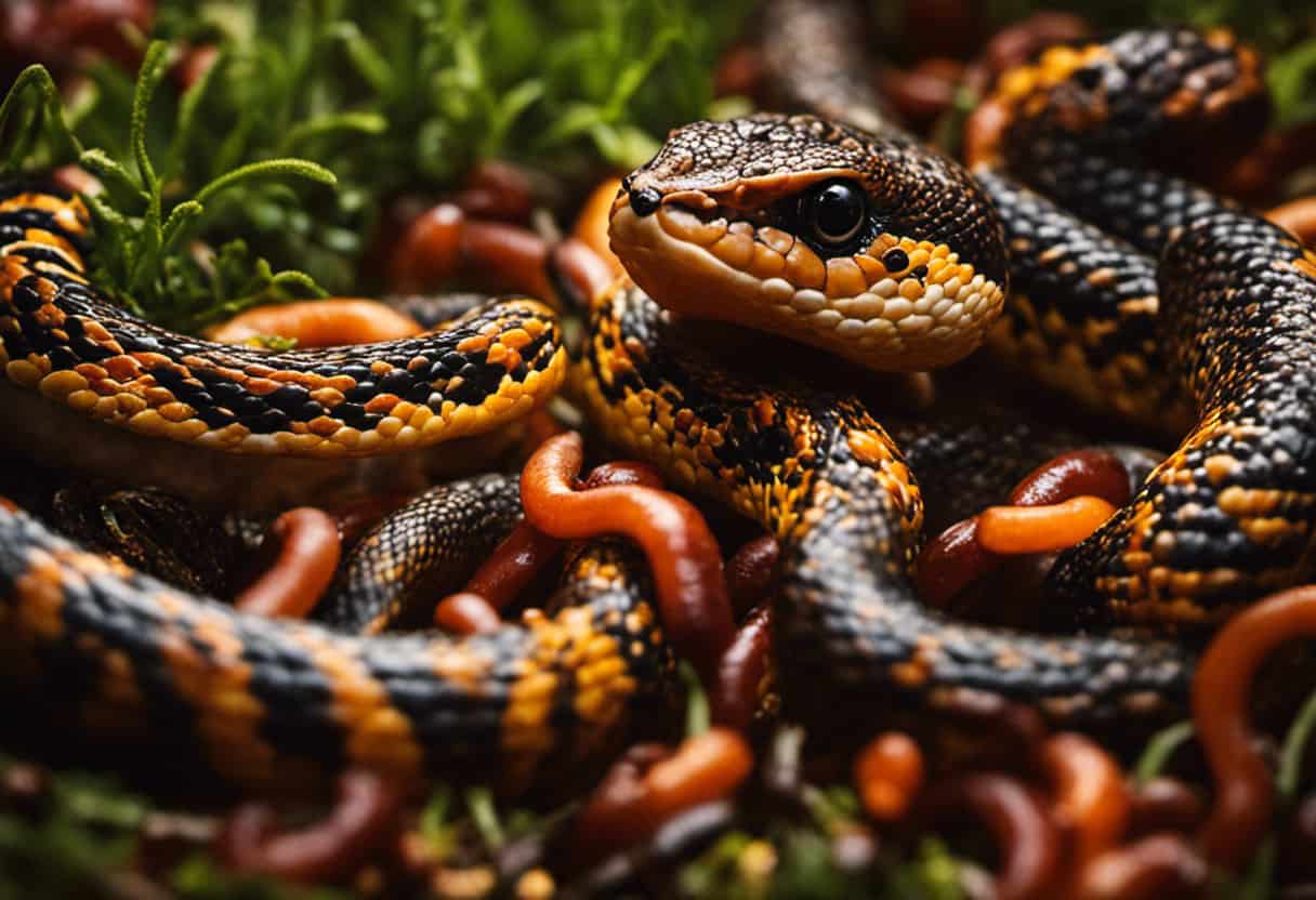 An image showcasing the delectable feast of baby chicken snakes: a vividly colored picture featuring freshly hatched baby snakes devouring plump, crunchy insects, juicy earthworms, and tender frog eggs