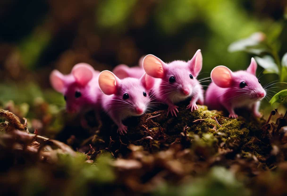 An image showcasing a cluster of vibrant pinky-sized newborn mice, wriggling helplessly in a shallow nest of tender leaf litter, surrounded by the lush greenery of a dense forest floor