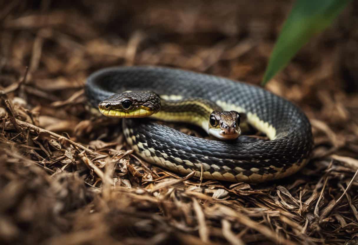  Capture an image of a close-up shot showcasing a vibrant, freshly shed baby pine snake curled around a small rodent, with the prey's delicate bones visible in sharp detail, highlighting the diet of these young reptiles