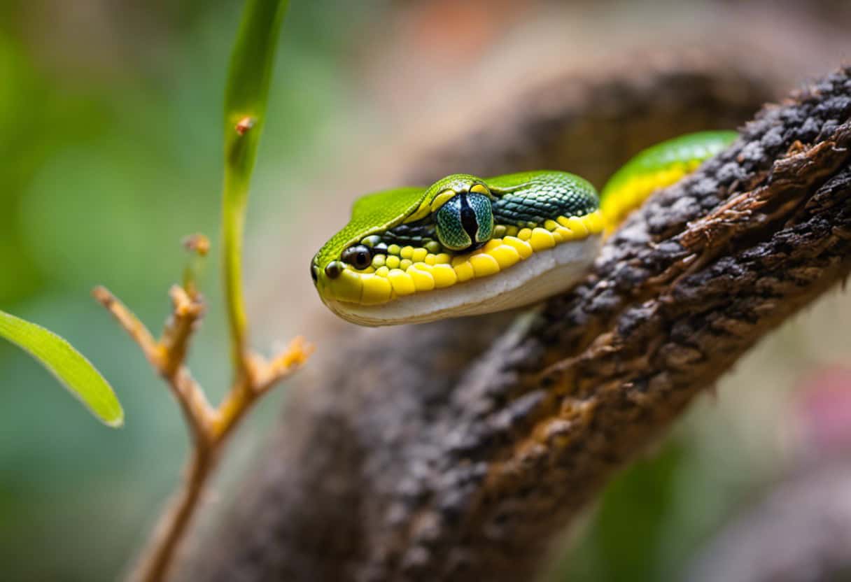 An image showcasing a peaceful baby pine snake, coiled around a freshly caught and vividly colored tree frog, highlighting their exquisite diet and prey selection