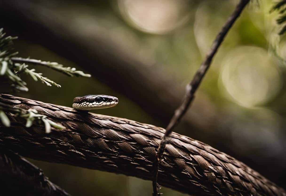An image capturing a scene of a baby pine snake stealthily coiled around a slender tree branch, its scales blending seamlessly with the bark, as it waits patiently to ambush a small mouse scurrying below