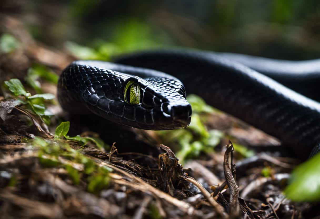 An image capturing the moment a sleek black snake expertly devours a plump amphibian, its slender body coiled around the helpless prey, showcasing the fascinating relationship between black snakes and their occasional indulgence in amphibians and insects