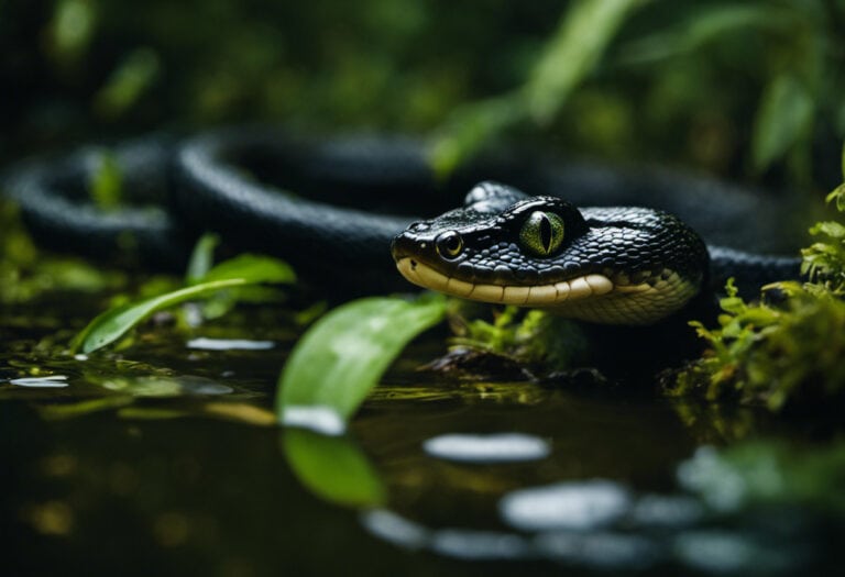 An image showcasing a murky, swampy scene with a black swamp snake stealthily coiled around a plump frog, ready to strike