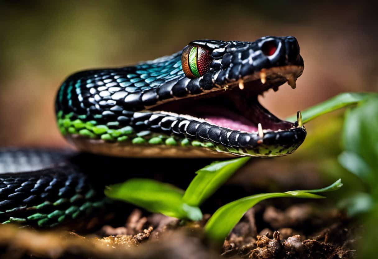 An image showcasing a Black Swamp Snake with its jaw unhinged, capturing the precise moment it engulfs a plump, wriggling frog