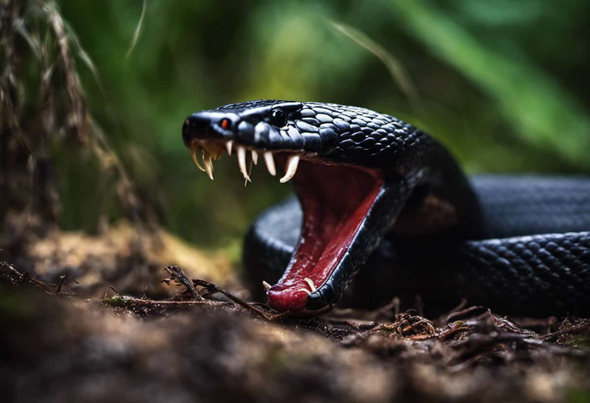 An image capturing the captivating sight of a Black Swamp Snake with its sharp jaws devouring a wriggling leech, showcasing the predator-prey relationship in their natural habitat