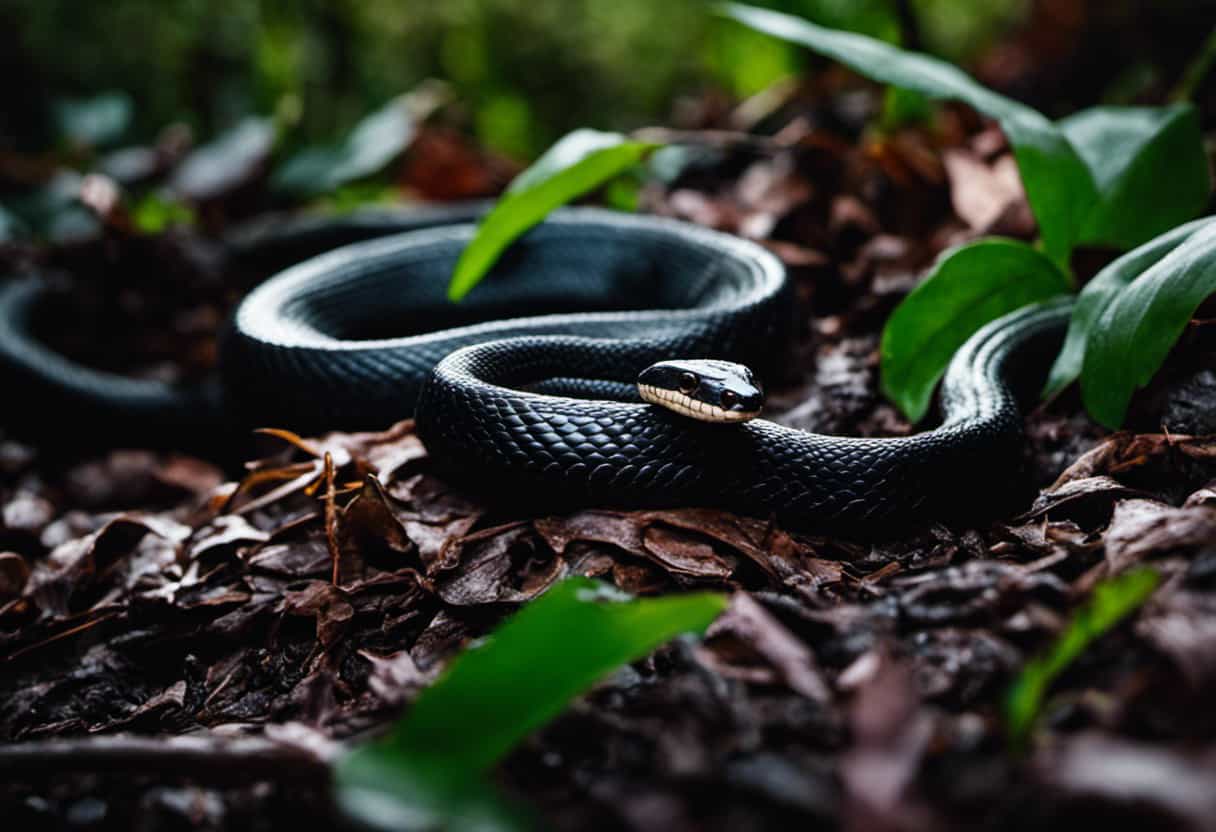 An image that showcases a black swamp snake's slender body, coiled around a damp earthworm with its vibrant pinkish hue contrasting against the snake's dark scales, capturing the moment of its imminent feast