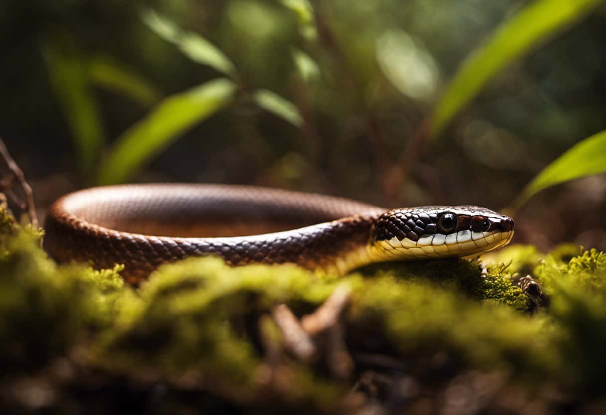 An image capturing the delicate balance of a local ecosystem, showcasing a copper belly snake slithering through a lush forest floor, its forked tongue tasting the air as it seeks out its prey