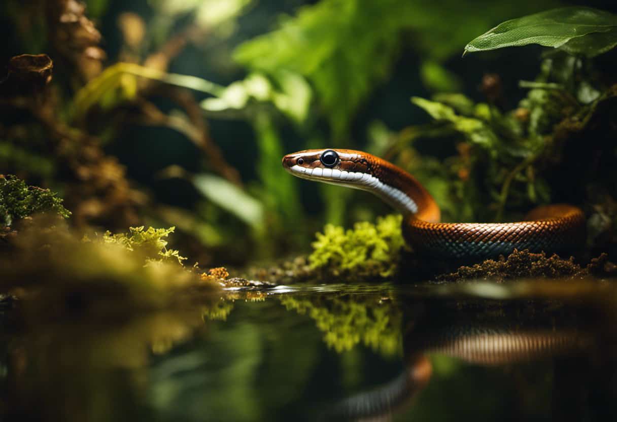 An image showcasing the vibrant ecosystem of a Copper Belly Snake's habitat, with lush greenery, a glistening stream, and an array of seasonal food sources - fish, frogs, and insects buzzing around