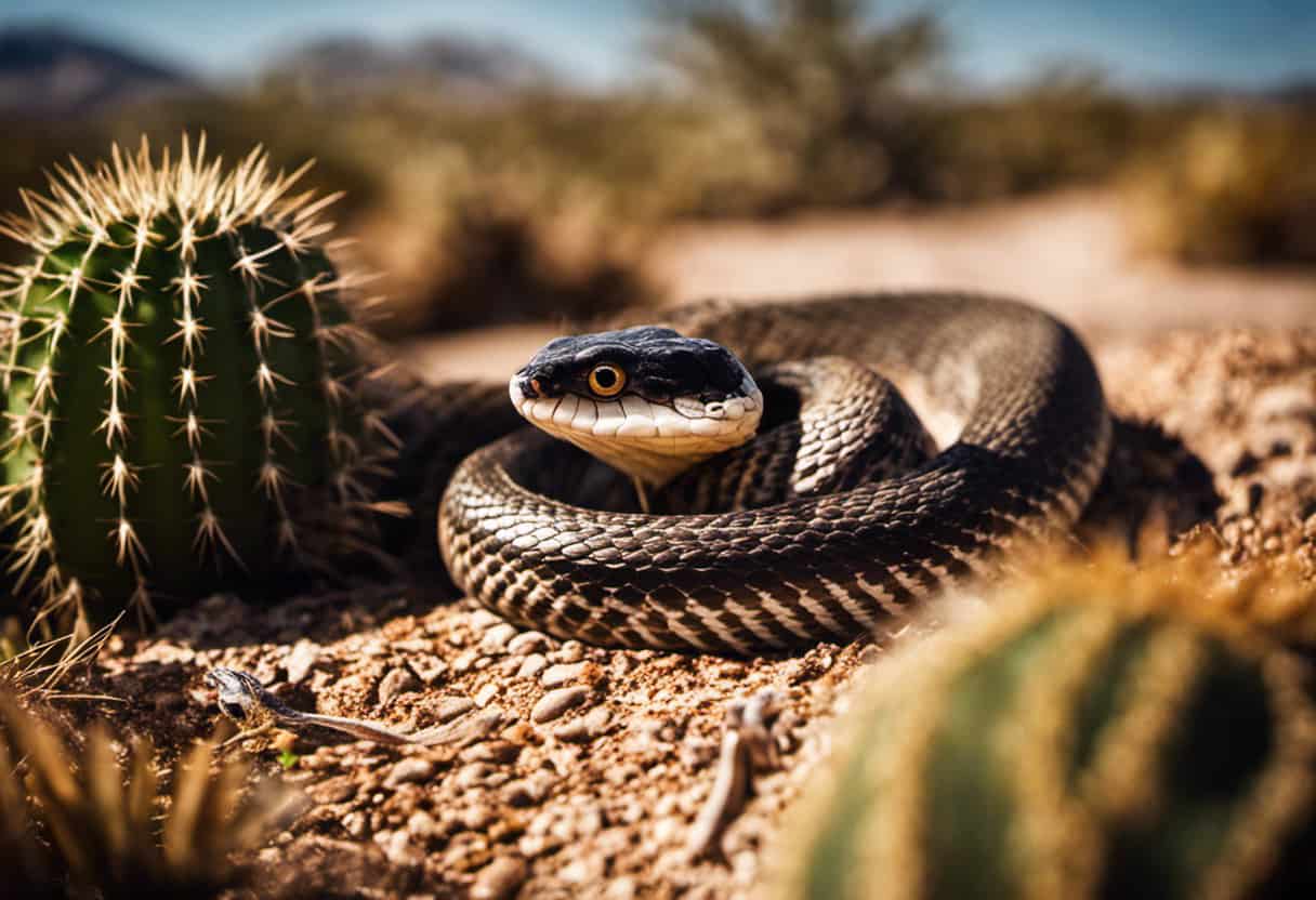 An image capturing the raw intensity of a desert snake, coiled and poised to strike, as it locks eyes with a vulnerable bird perched on a cactus, showcasing the unwavering determination of opportunistic bird predators