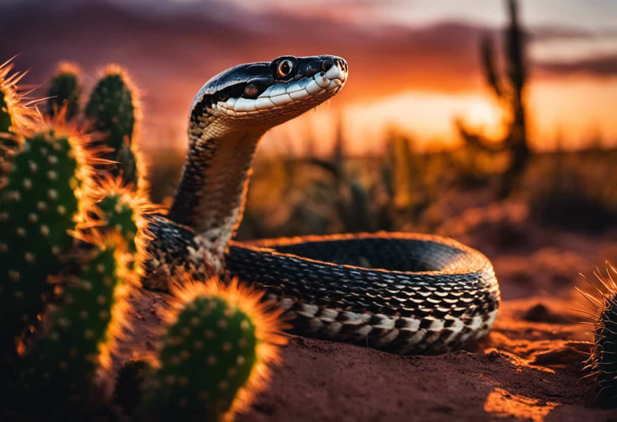 An image showcasing a desert snake coiled around a cactus, its jaws stretched wide to devour a plump scorpion, while a mesmerizing sunset casts an otherworldly glow on the scene