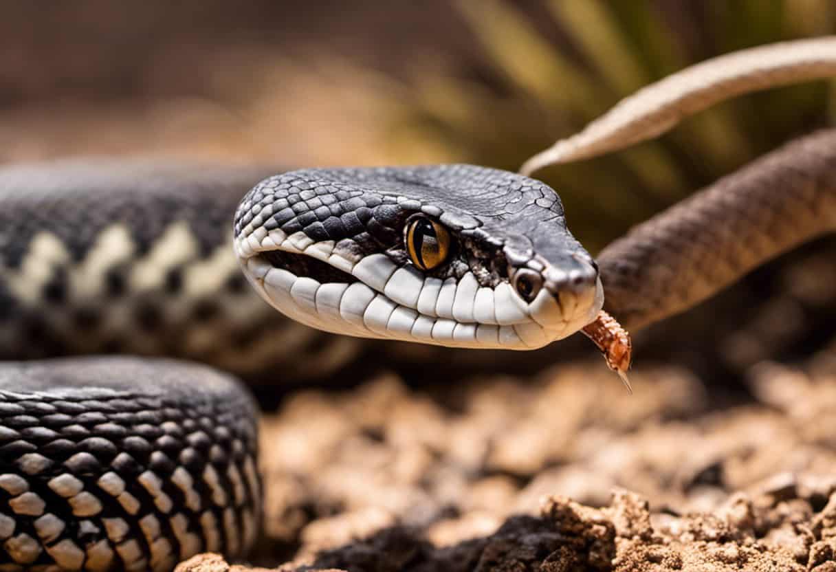 An image showcasing a desert snake skillfully capturing a swift, scaly lizard with its long, coiled body