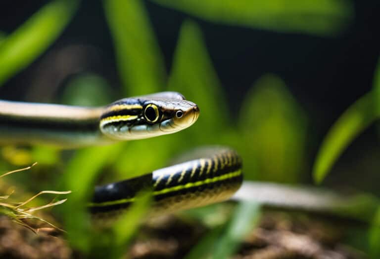 An image showcasing an Eastern Ribbon Snake gracefully coiled around a small fish, its slender body glimmering under dappled sunlight filtering through lush aquatic plants, capturing the vibrant moment of a successful hunt