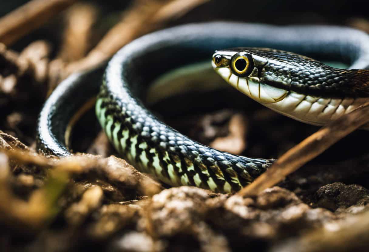 An image showcasing a close-up of an Eastern Ribbon Snake's slender body coiled around a small fish, capturing the moment as it gracefully opens its jaws wide to devour its nutrient-rich prey