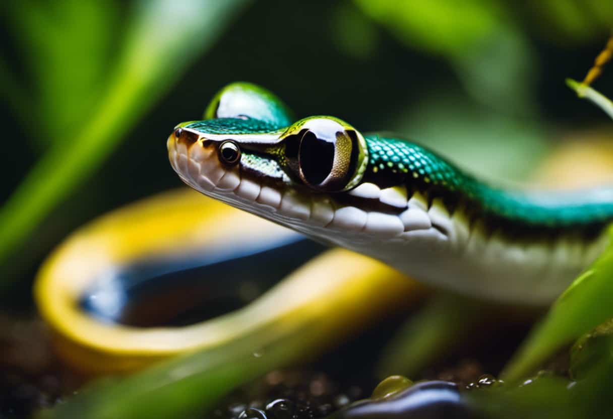 An image showcasing a vibrant Eastern Ribbon Snake gracefully devouring a plump tadpole, surrounded by lush aquatic plants and glistening water droplets, highlighting their typical meal choices in their natural habitat