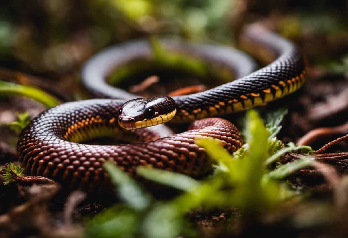 An image showcasing a vibrant ecosystem with an Eastern Worm Snake slithering across the forest floor, capturing small earthworms with its slender body