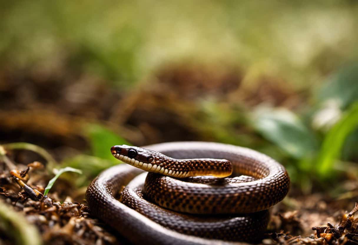 An image showcasing an Eastern Worm Snake devouring its favorite delicacies, such as earthworms, slugs, and insect larvae