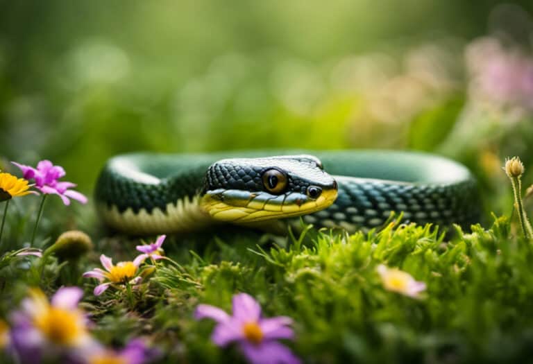 An image featuring a vibrant grass snake, its slender body coiled around a plump frog, revealing its sharp fangs poised to strike, surrounded by lush greenery and delicate wildflowers