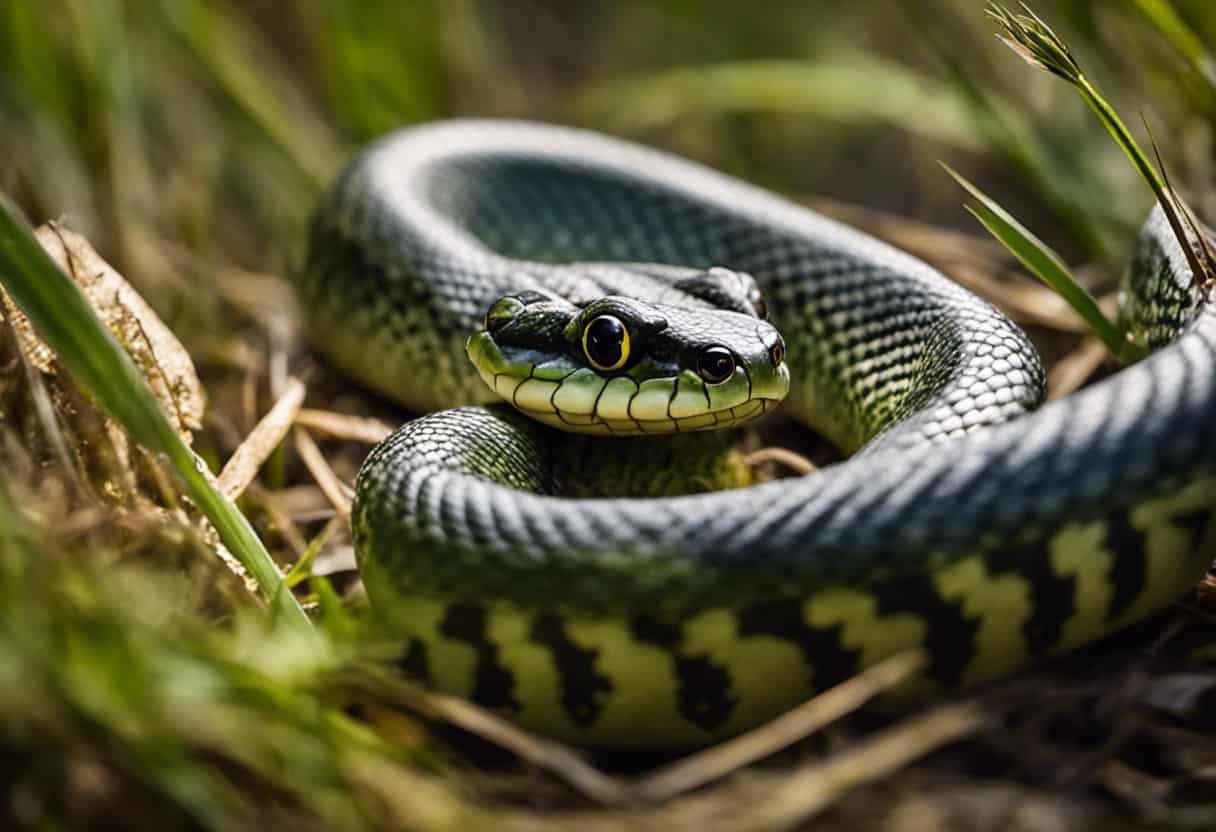 An image capturing the intricate details of a grass snake gracefully coiled around a frog, showcasing its role as a predator in the ecosystem