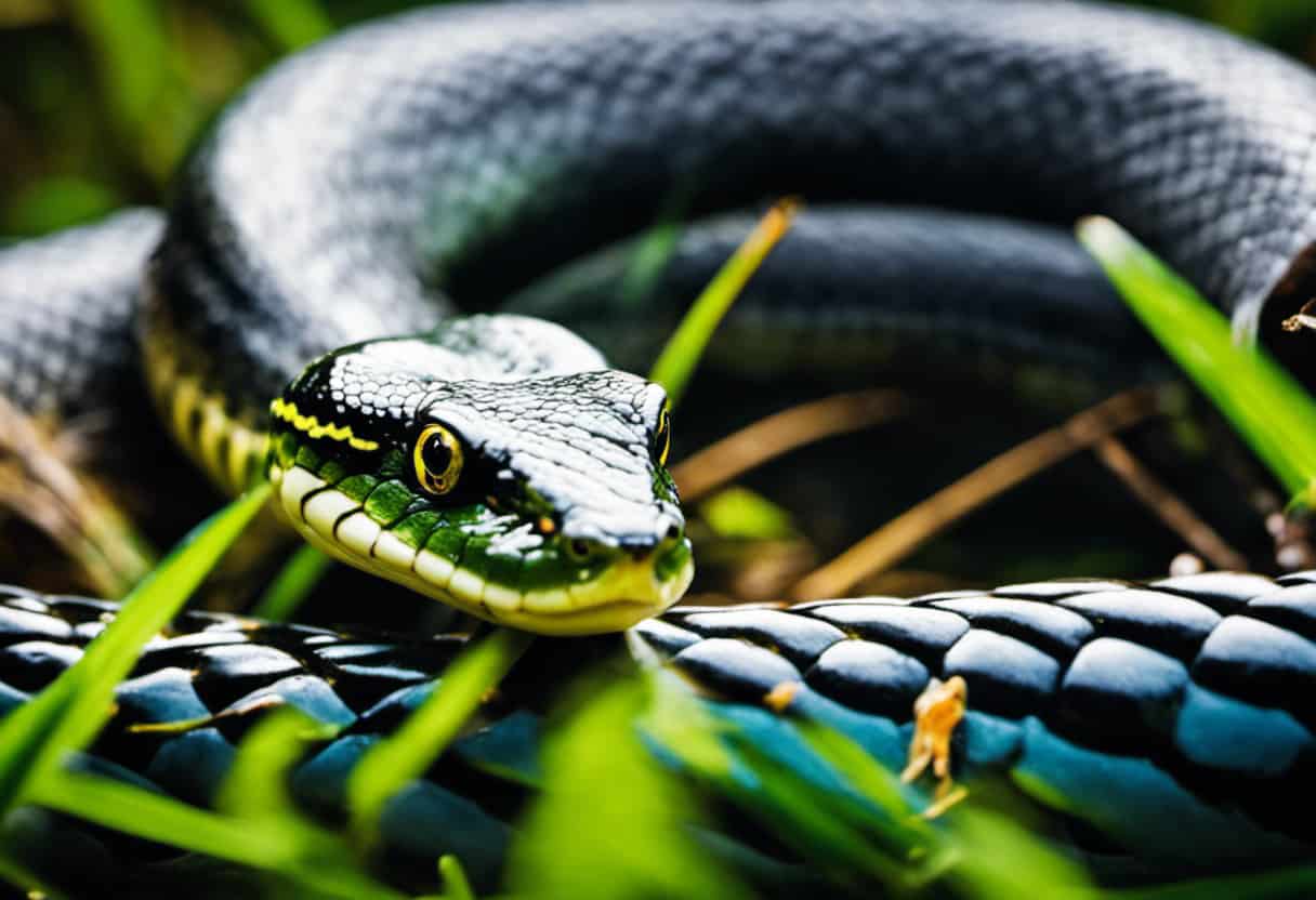 An image showcasing a vibrant grass snake coiled around a pond teeming with diverse amphibians, like frogs, newts, and toads