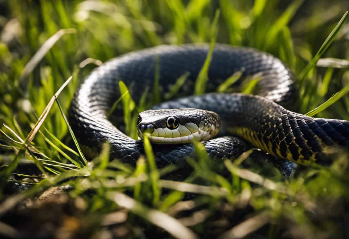 An image capturing the precise moment when a grass snake, with its slender body and undulating motion, swiftly catches a small fish in its jaws, showcasing the snake's remarkable ability to hunt aquatic prey