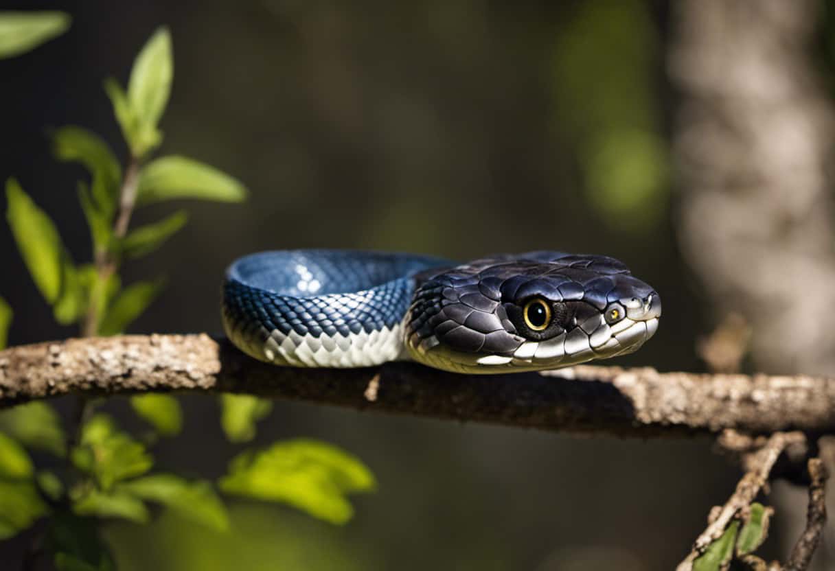 An image of a grass snake coiled around a tree branch, its mouth open wide, lunging towards a startled blue jay perched nearby