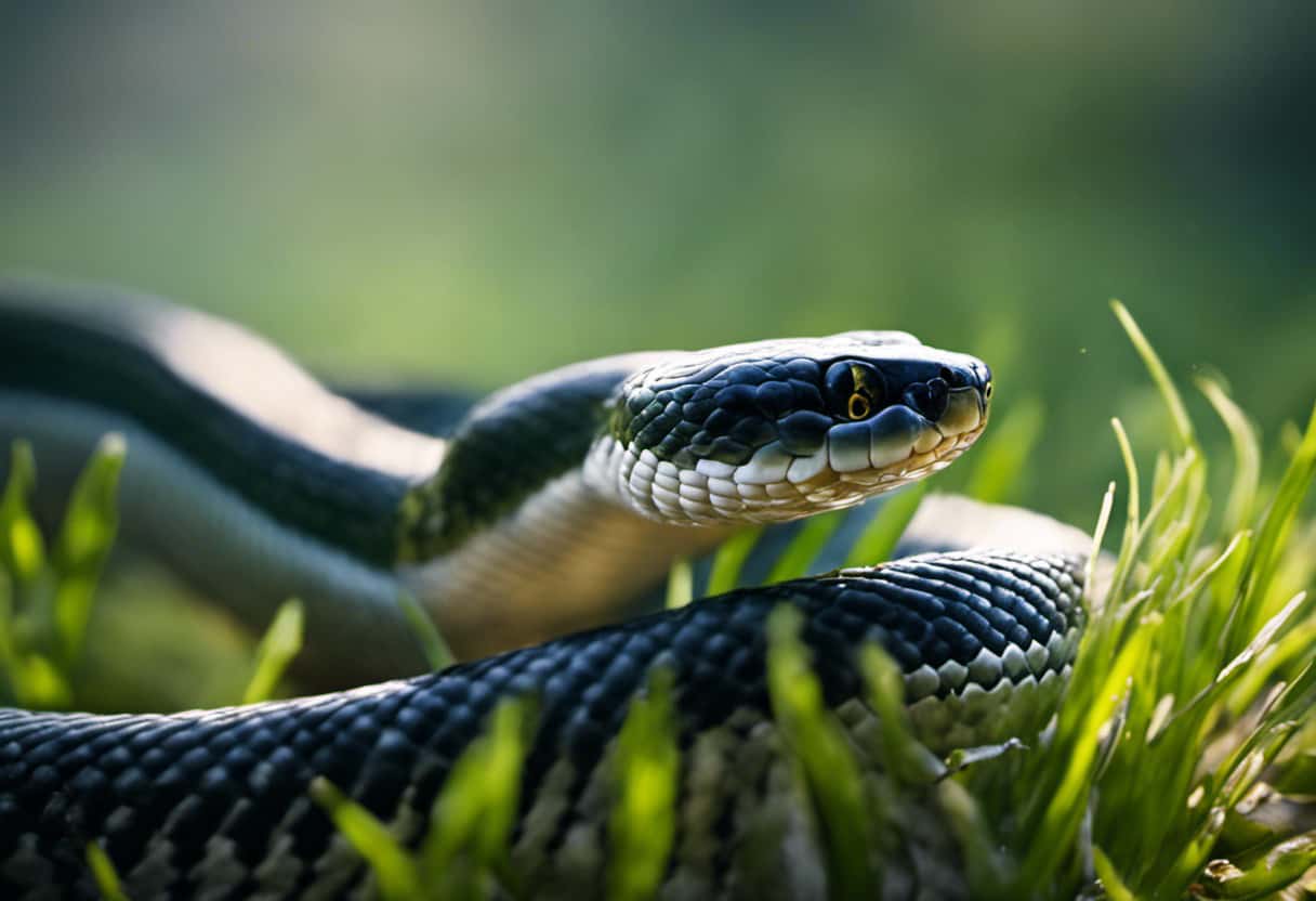 An image that captures the essence of a grass snake's defense mechanism: a close-up shot of its coiled body, vividly showcasing the expulsion of a foul-smelling liquid spray, ensuring its survival
