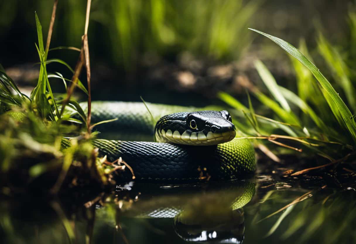 An image showcasing a grass snake poised near a pond, its mouth open wide, capturing an unsuspecting frog with its elongated, sharp teeth