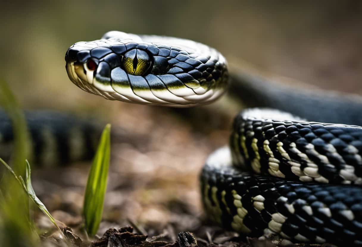 An image capturing the enthralling moment of a grass snake, motionless and coiled, simulating death to deceive predators