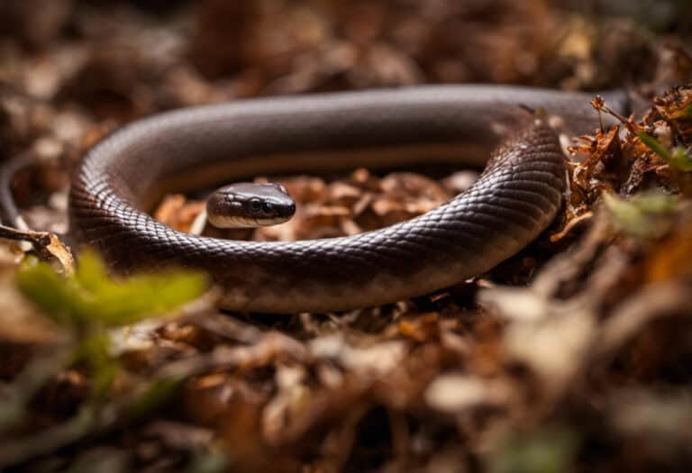 An image showcasing a slender, brown ground snake, coiled amidst leaf litter, hungrily devouring a wriggling earthworm, its jaws stretched wide, capturing the delicate moment of a mealtime feast