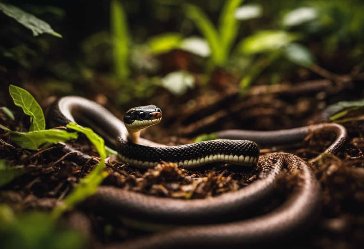 An image depicting a vibrant, lush forest floor, with a close-up view of a ground snake's mouth devouring a plump earthworm, showcasing the diverse diet of ground snakes