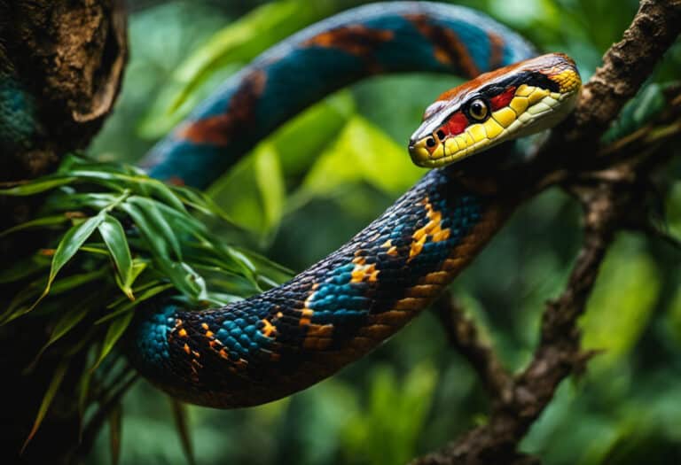 An image showcasing a vibrant jungle scene, with a slithering lined snake coiled around a tree branch, its jaws wide open as it devours a plump, colorful bird, highlighting the diverse prey choices of these fascinating reptiles