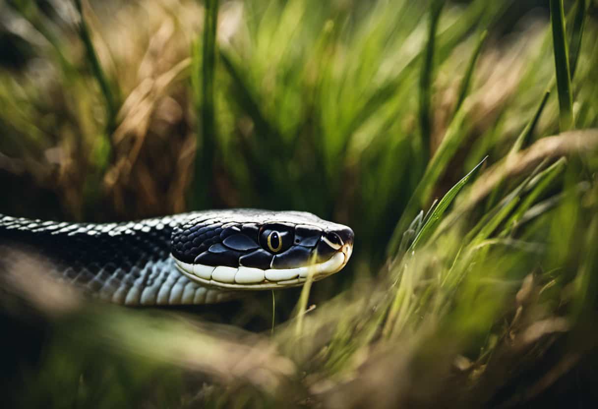 An image capturing a lined snake stealthily slithering through tall grass, its forked tongue flicking out to sense prey