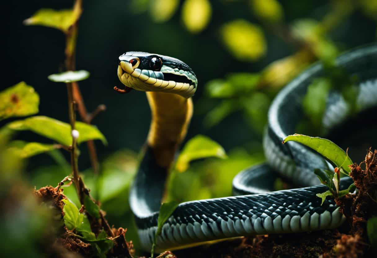 An image showcasing a lined snake coiled around a vibrant leafy branch, its mouth opened wide as it devours a wriggling invertebrate