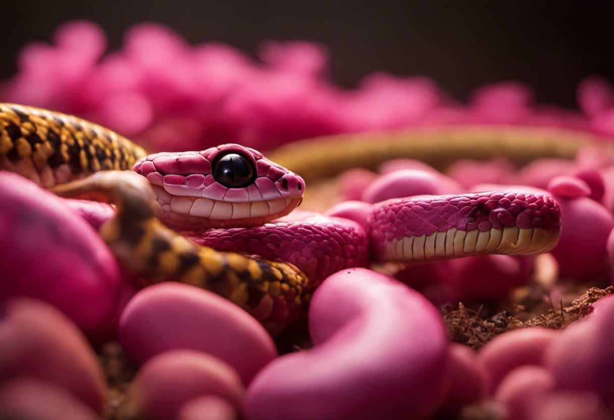 An image showcasing a vivid scene of a newborn snake slithering near a cluster of small, wriggling pink mice, capturing the moment when it pounces on its first prey, encapsulating the topic of what baby snakes eat