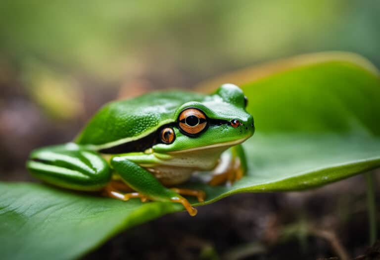 An image showcasing a tiny, vibrant green tree frog perched on a leaf, while a miniature snake slithers nearby, its jaws wide open, capturing a wriggling, minuscule grasshopper