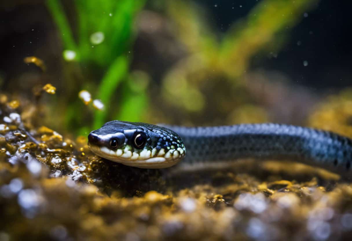 An image capturing the mesmerizing moment of a mud snake stealthily devouring its prey underwater, showcasing its elongated body coiled around a wriggling fish, surrounded by the murky depths of its natural habitat