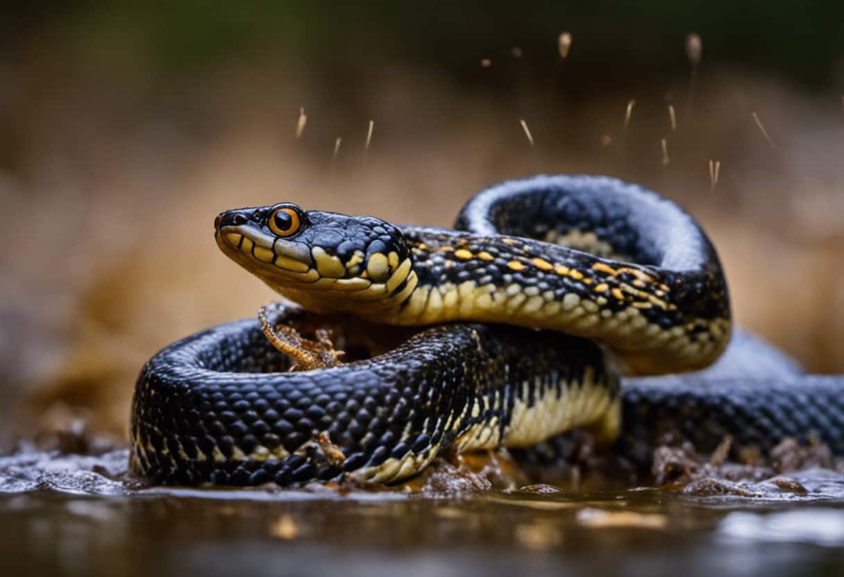 An image capturing the intricate moment when a mud snake stealthily engulfs a wriggling aquatic prey, showcasing the snake's preference for devouring small fish, amphibians, and crustaceans in its muddy habitat