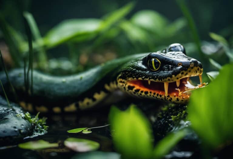 An image showcasing a vivid, close-up view of a slimy mud snake stealthily devouring a wriggling frog, its jaws stretched wide, fangs glistening, amidst a murky swamp teeming with floating lily pads and tangled vegetation