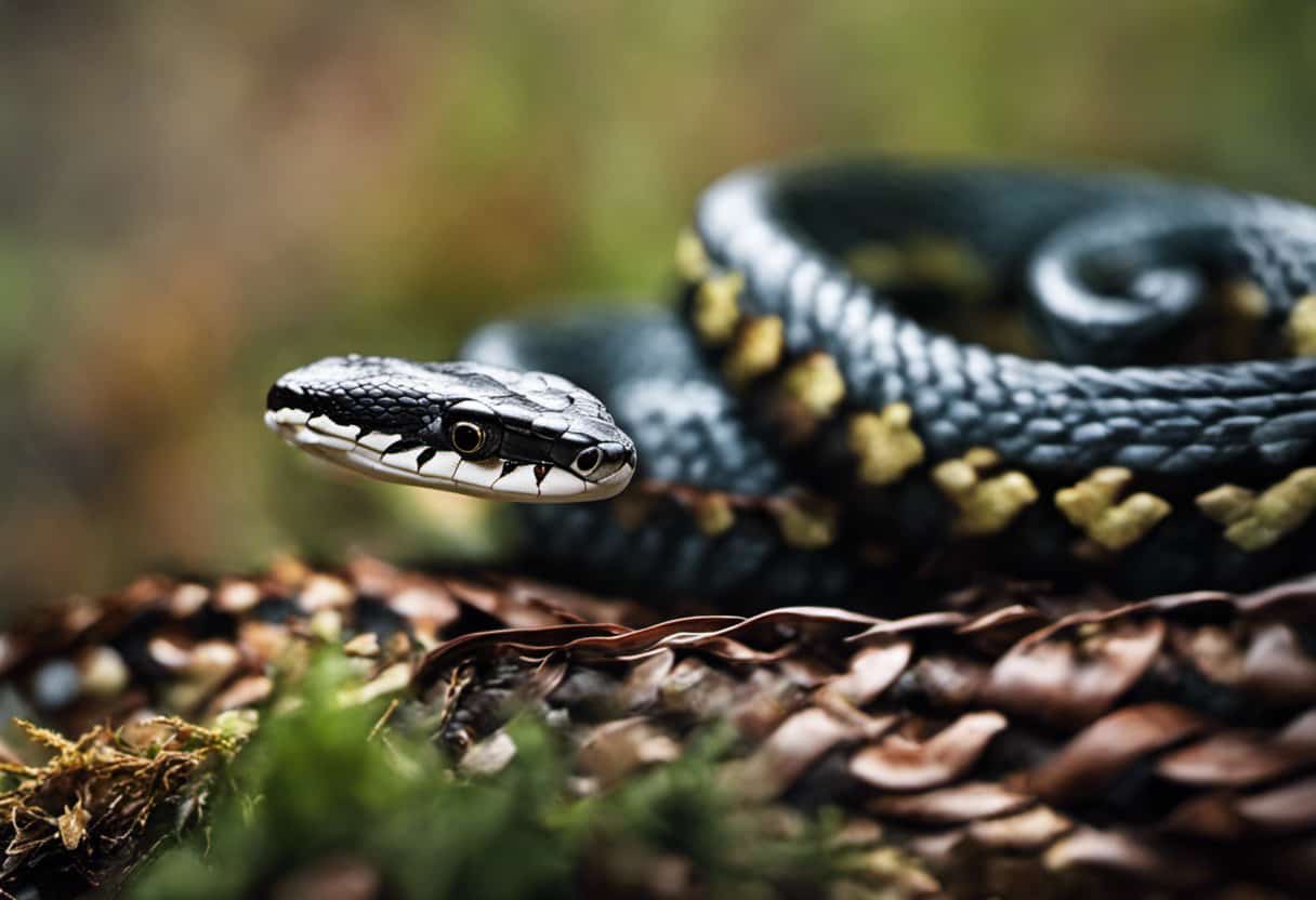 An image showcasing a pine snake's slender body coiled around a motionless lizard, with its powerful jaws firmly grasping the lizard's head, capturing the moment of a silent struggle between predator and prey