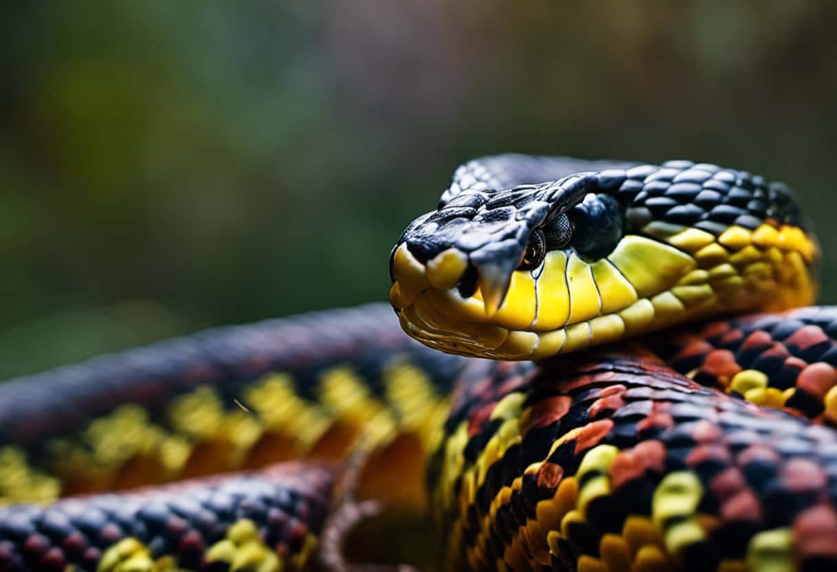 An image showcasing a vibrant pine snake, coiled around a plump, unsuspecting rodent