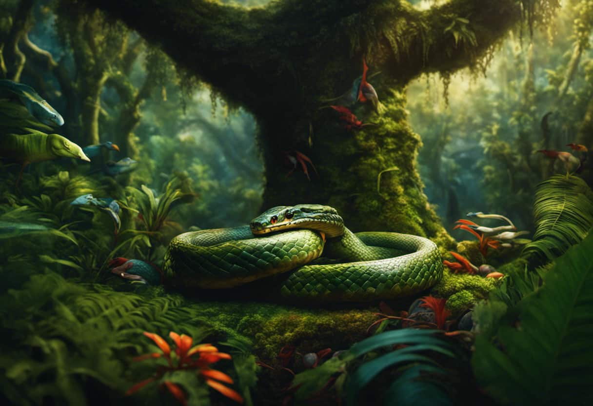 An image showcasing a lush rainforest scene, with a large snake coiled around a tree branch, devouring a colorful array of birds, frogs, and small mammals