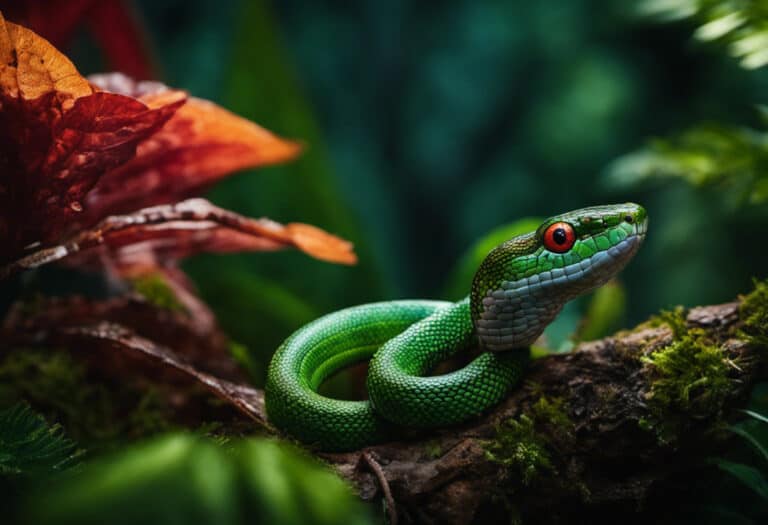 An image showcasing a vibrant rainforest scene, with a small snake coiled around a leafy branch, its jaws clamped onto a delicate butterfly