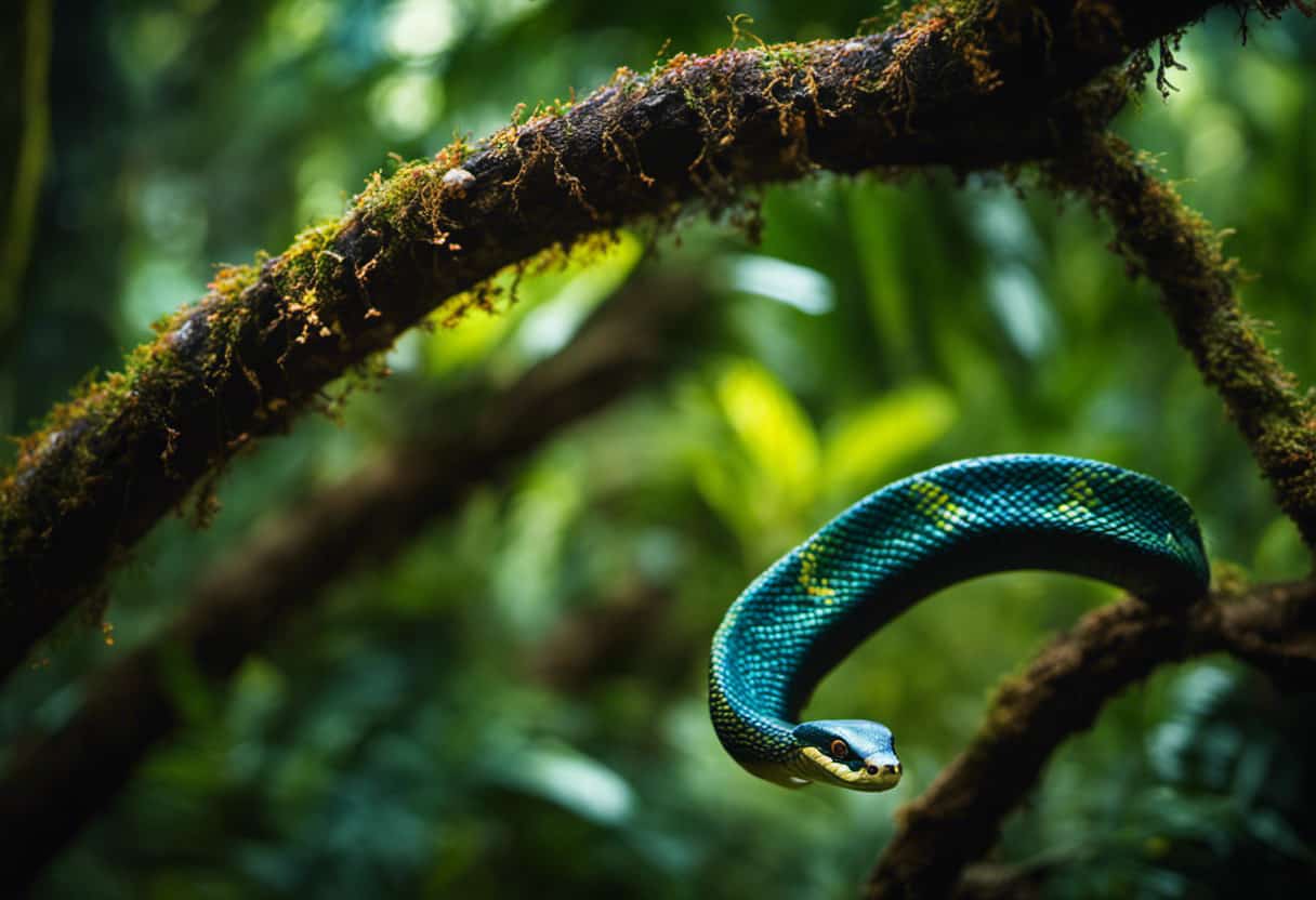 An image showcasing a vibrant rainforest canopy scene, where a stealthy snake with vibrant patterns coils around a tree branch, poised to strike at a colorful bird perched nearby, capturing the intensity of predation in the rainforest