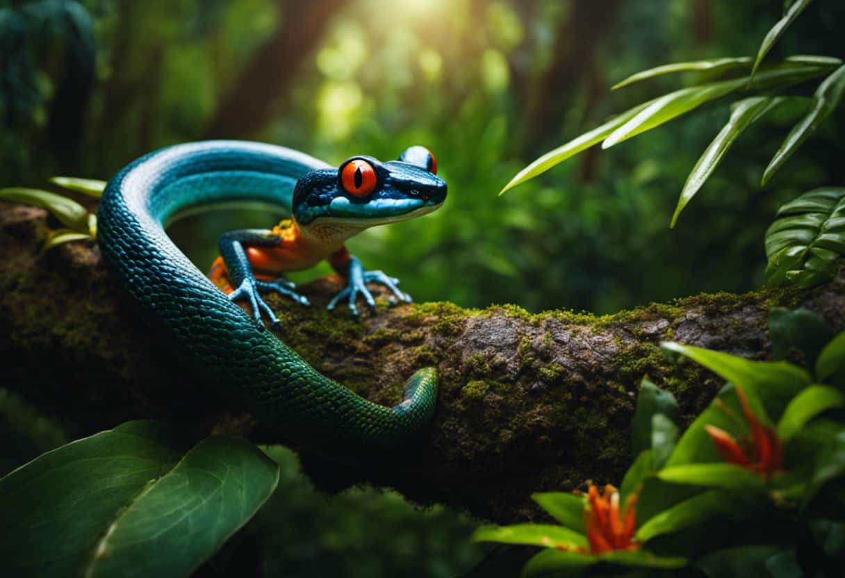 An image showcasing a vibrant rainforest scene, with a large snake coiled around a tree branch, its jaws extended to devour a colorful poison dart frog, while nearby amphibians watch in fear