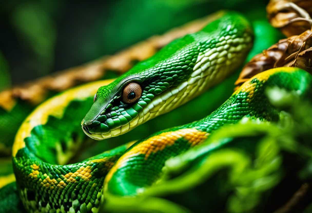 An image capturing the intense moment of a large emerald tree boa, jaws unhinged, devouring a vibrant, coiled green vine snake; a fascinating glimpse into the intricate food chain of rainforest serpents