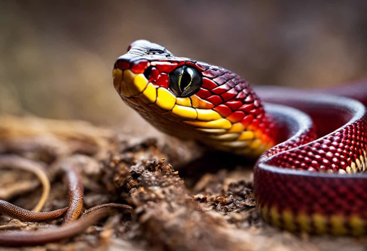 An image capturing the intense moment when a sleek Red Racer Snake stealthily coils around a vibrant lizard, its formidable jaws locked around the prey, showcasing the fierce predation of these serpents